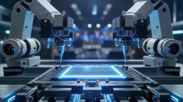 金属のロボット機構が発光する半導体プロセッサを組み立てる先端研究室の場面
