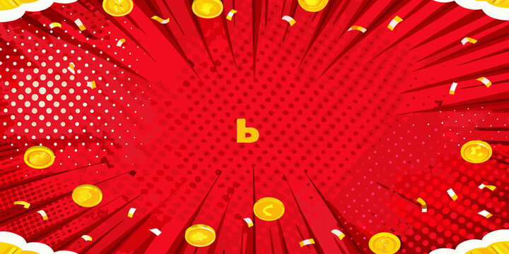 Red starburst pattern with scattered gold coins and confetti
