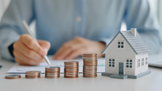 男性が住宅模型と積み上げた硬貨を前に書類を整理し住宅ローンや資産設計を進める