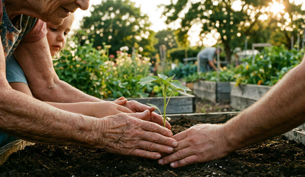 Couple planting together in garden