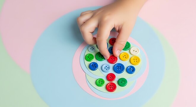 Child hand sorting colorful plastic buttons on a spiral background