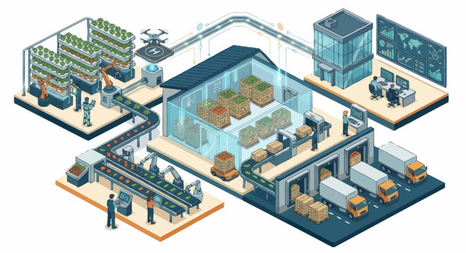 Modern industrial warehouse with automated logistics and workers.