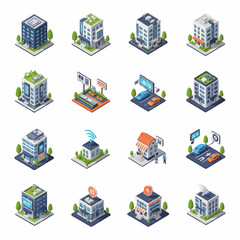 Fototapeta premium Isometric illustration of modern buildings and urban icons.
