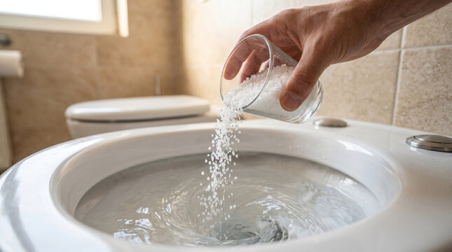 Hand pouring water from glass into toilet bowl in bathroom  