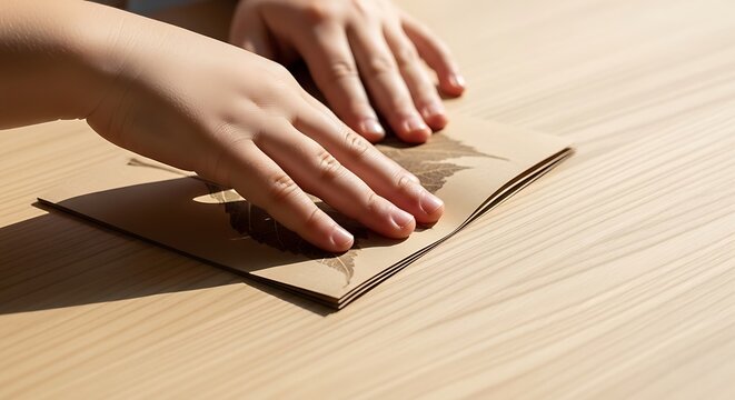 Young child pressing a brown paper card on wooden surface