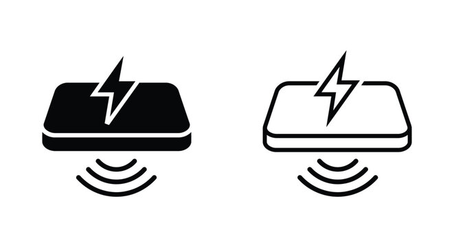 Wireless charger icons set with lightning bolt and signal waves for mobile phone power Vector