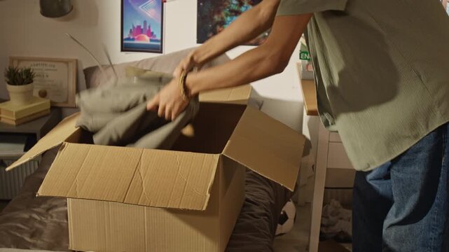 Handheld shot of African American teenager packing clothes into cardboard box in bedroom, folding patterned sweater. Video suitable for moving out, college dorm prep, or clothing donation campaigns