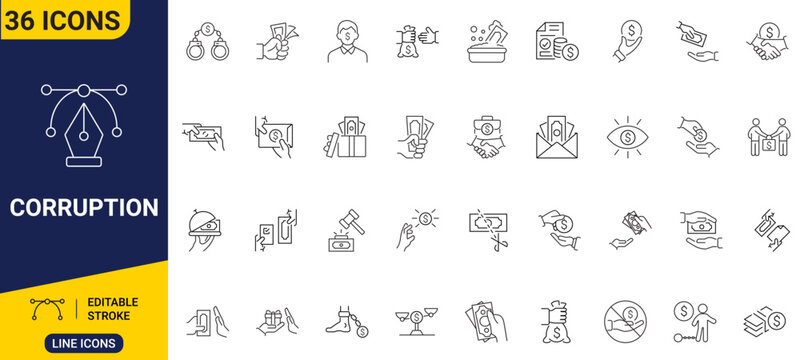 Corruption icon set. Outline icons featuring bribery, fraud, crime, justice, ethics, law enforcement, and transparency. Editable stroke. Full vector.