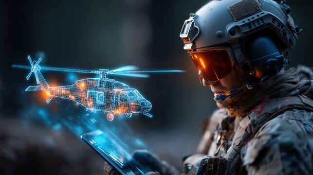 A soldier in tactical gear uses a holographic interface to interact with a 3D model of an attack helicopter. ..Created with Generative AI, not depicting real subjects.