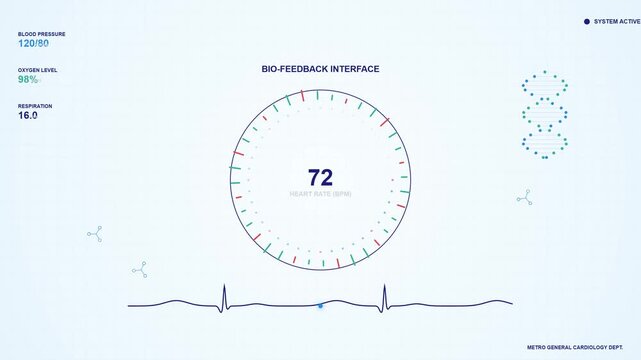 Animated bio feedback dashboard interface on screen, displaying vital signs and metrics
