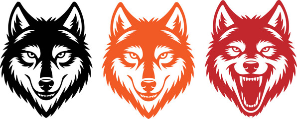 Three wolf heads in different colors on white background  black orange red © SAYEDAJANNATUL