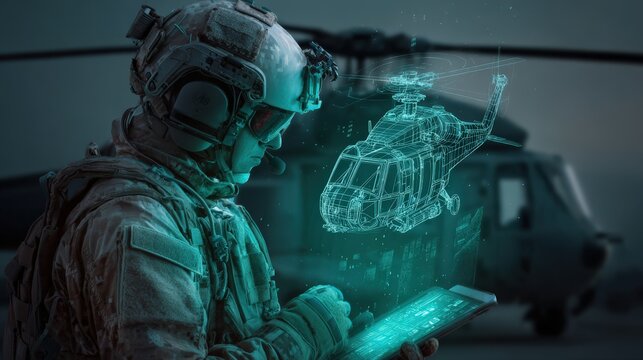 A soldier in tactical gear operates a tablet displaying a holographic projection of a helicopter. ..Created with Generative AI, not depicting real subjects.