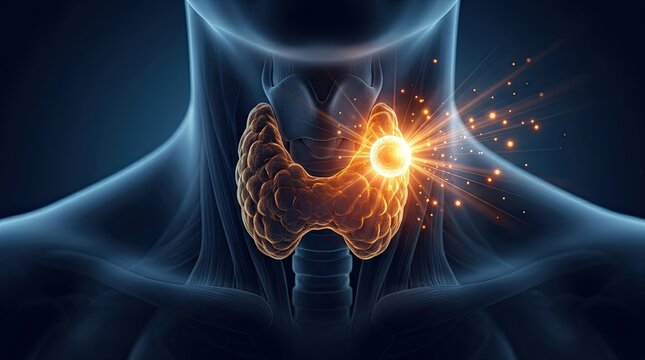 Thyroid gland with glowing nodule in neck medical illustration