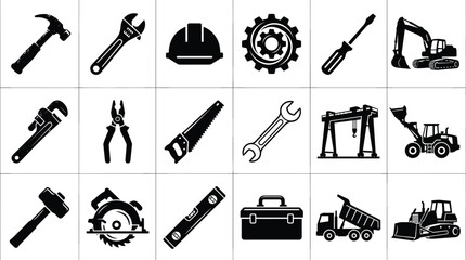 WebConstruction and industrial hand tools vector icon set featuring machinery heavy equipment and renovation hardware silhouettes © Abdullah