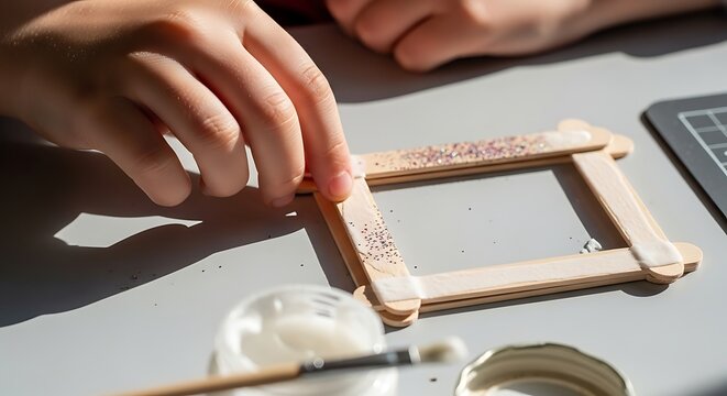 Small child hand assembling a wooden popsicle stick picture frame