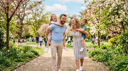 Fototapeta premium A happy family enjoys a springtime walk through a blooming garden. A man carries his two young children on his shoulders, while his wife walks alongside them.