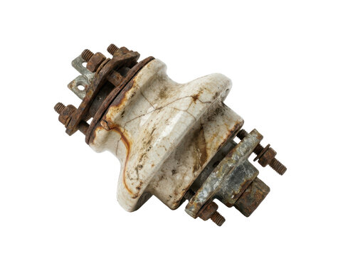 Rusty electrical insulator on white background, close-up view of weathered porcelain