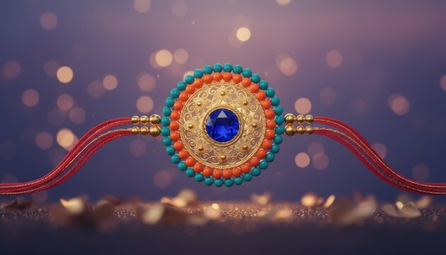 Festive rakhi bracelet on blurred bokeh background, colorful beadwork thread jewelry, traditional celebration greeting banner