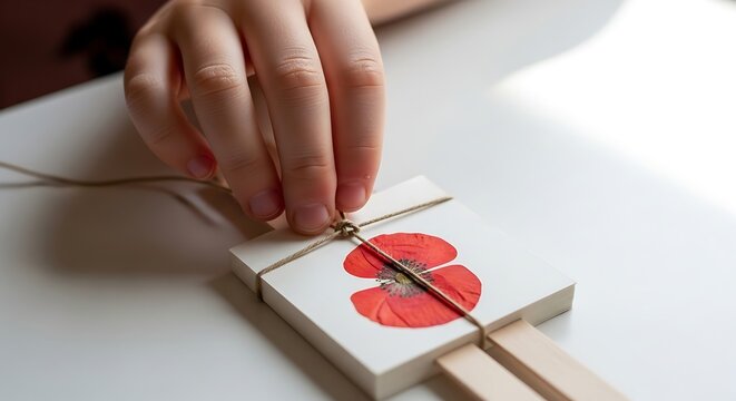 Child hands tying rustic twine around a small floral card