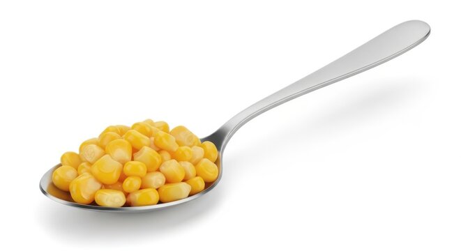 Fresh sweet yellow corn kernels served on a silver spoon for a healthy vegetable meal
