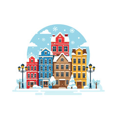 Obraz premium Vector illustration of colorful European houses in a winter town covered in snow.