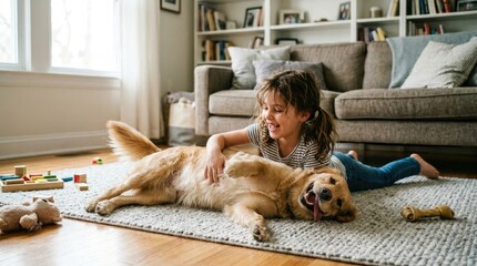 Plakat A young girl playfully interacts with a golden retriever dog on a rug. The girl lies on the rug while the dog rests with its head on her lap.
