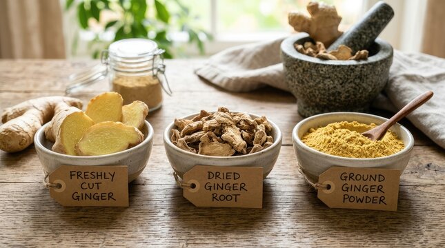 A rustic wooden table displays various forms of ginger. Three bowls hold freshly cut ginger slices, dried ginger root pieces, and ground ginger powder.