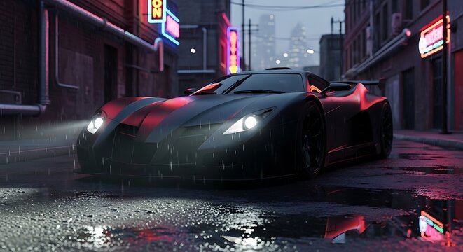 Futuristic sports car driving through a rainy neon city street at night.