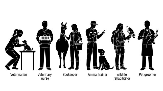 Professionals in animal care and veterinary services work together in a clinic setting with various animals
