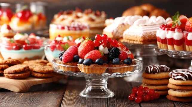 Delicious Display of Colorful Pastries, Tarts, and Creamy Desserts on Rustic Wooden Table for Gourmet and Bakery Themes