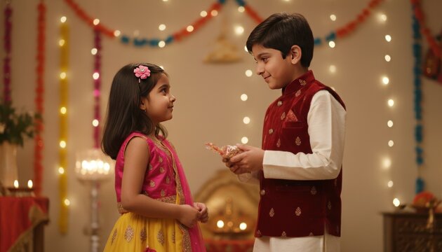 Festive Indian siblings holding diya lamp, traditional Diwali celebration portrait, warm bokeh lights and marigold decor