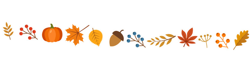 Autumn harvest elements border with pumpkin leaves berries and acorn © VECTOR BUNDLE