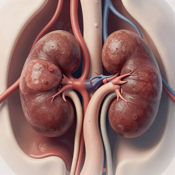 Cinematic Blood Ureter. 3D Illustration Of Diseased Kidney With Adrenal Glands, Ureters, Blood Vessels, And Skeleton