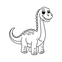 Cute cartoon long neck brachiosaurus dinosaur standing and smiling, black and white line art vector illustration for kids coloring page. © Arya