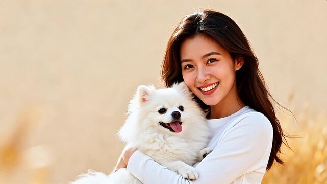 Woman holding a white fluffy dog