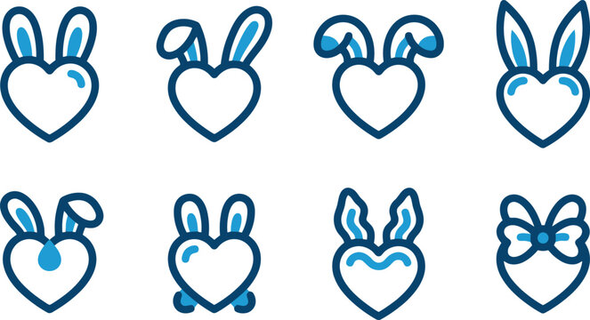 Heart Shaped Rabbit Ears Blue Line Vector Icon Set for Easter Greeting Cards, Romantic Invitations & Nursery Decor (EPS)
