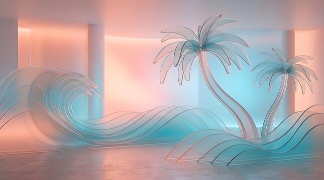 3D glassmorphic tropical paradise background with palm trees, elegant pastel sunset horizon banner template with copy space