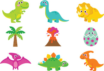 Obraz premium Cute Dinosaur Vector Illustration Collection with Cartoon T Rex, Triceratops, Brontosaurus, Stegosaurus, Pterodactyl, Volcano, Palm Tree, and Dinosaur Egg