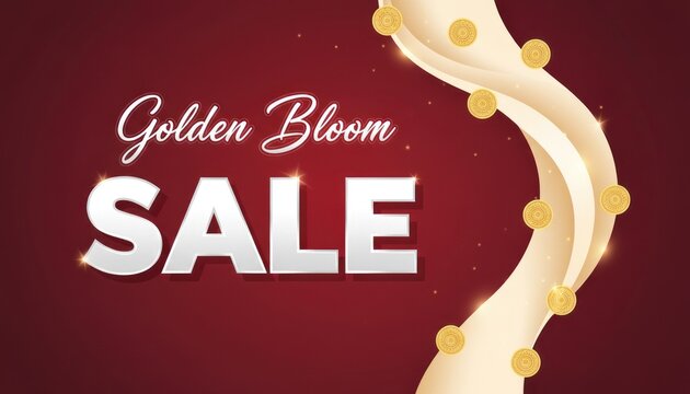 Golden Bloom SALE typography poster, red and gold ribbon banner illustration, festive discount promotion background