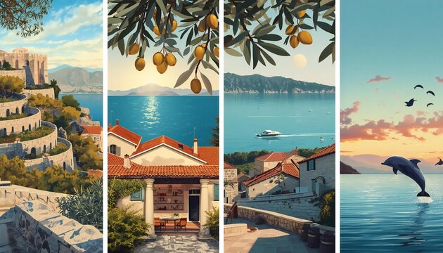 Set of Vertical Banner Designs for Croatian Adriatic Olive Coast Autumn in Flat Grainy Vector
