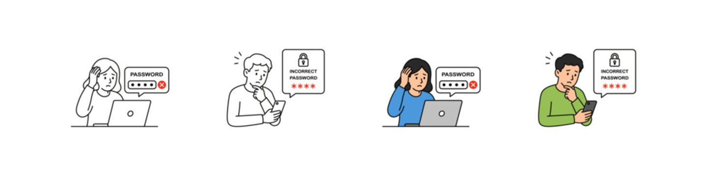 A Series of Illustrations Depicting Individuals Struggling with Password Management and Security on Digital Devices