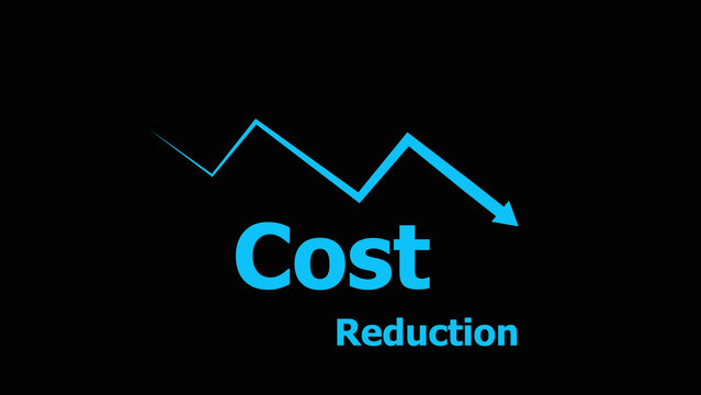 Blue cost reduction graph on black background with downward trend arrow chart 1