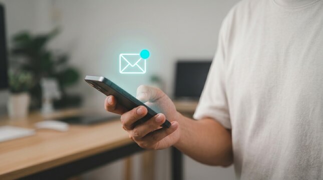 Business Professional Managing Digital Messages with Futuristic Holographic Email Interface and Data Analytics