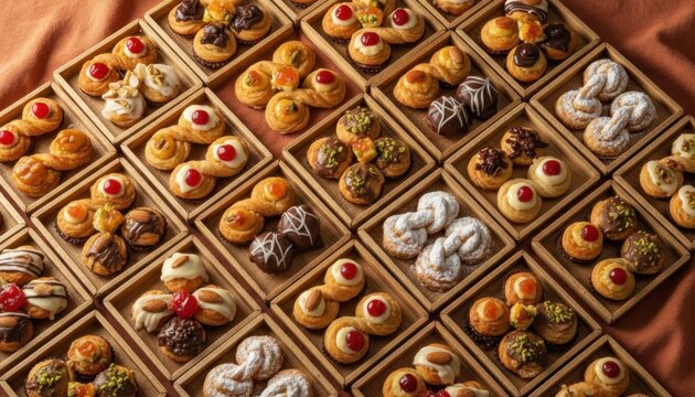 Rustic assorted cookies and pastries in wooden grid tray, golden baked dessert assortment, overhead food background for bakery