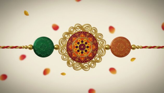 Ornate rakhi bracelet illustration, gold mandala centerpiece with red and green beads, Indian festival greeting design