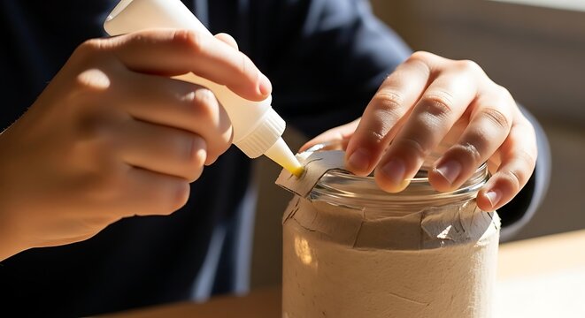Person applying glue to paper on a glass jar surface