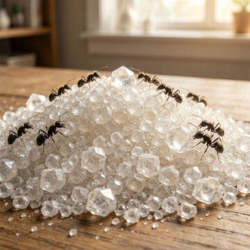 Black Ants Crawling on Granulated Sugar Crystals, Macro Close Up Illustration