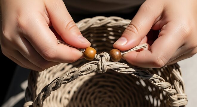 Hands crafting a woven basket with wooden beads in sunlight