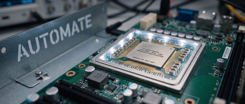 AI accelerator microchip circuit board installed in modern server hardware for automated speech to text translation and real time audio transcription, concept of machine learning and computing power.