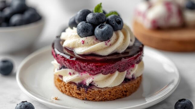 Mini gourmet blueberry cake with cream swirls and glossy fruit topping on a white plate for an elegant dessert presentation in a bright kitchen environment